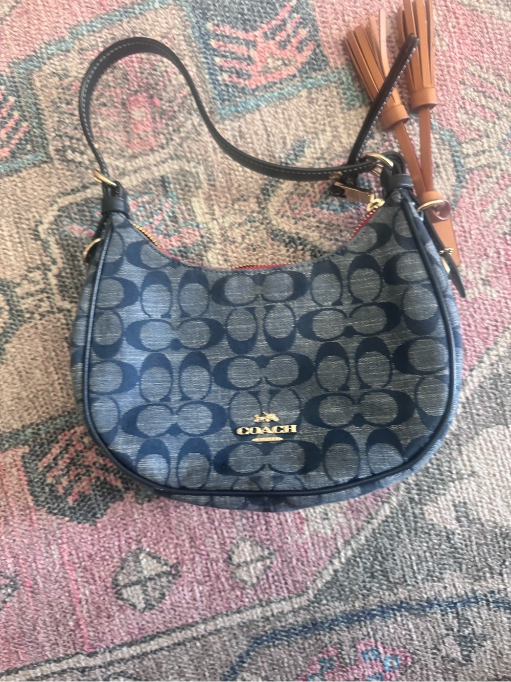 Coach Navy Signature Hobo Shoulder Bag with Tan Tassel